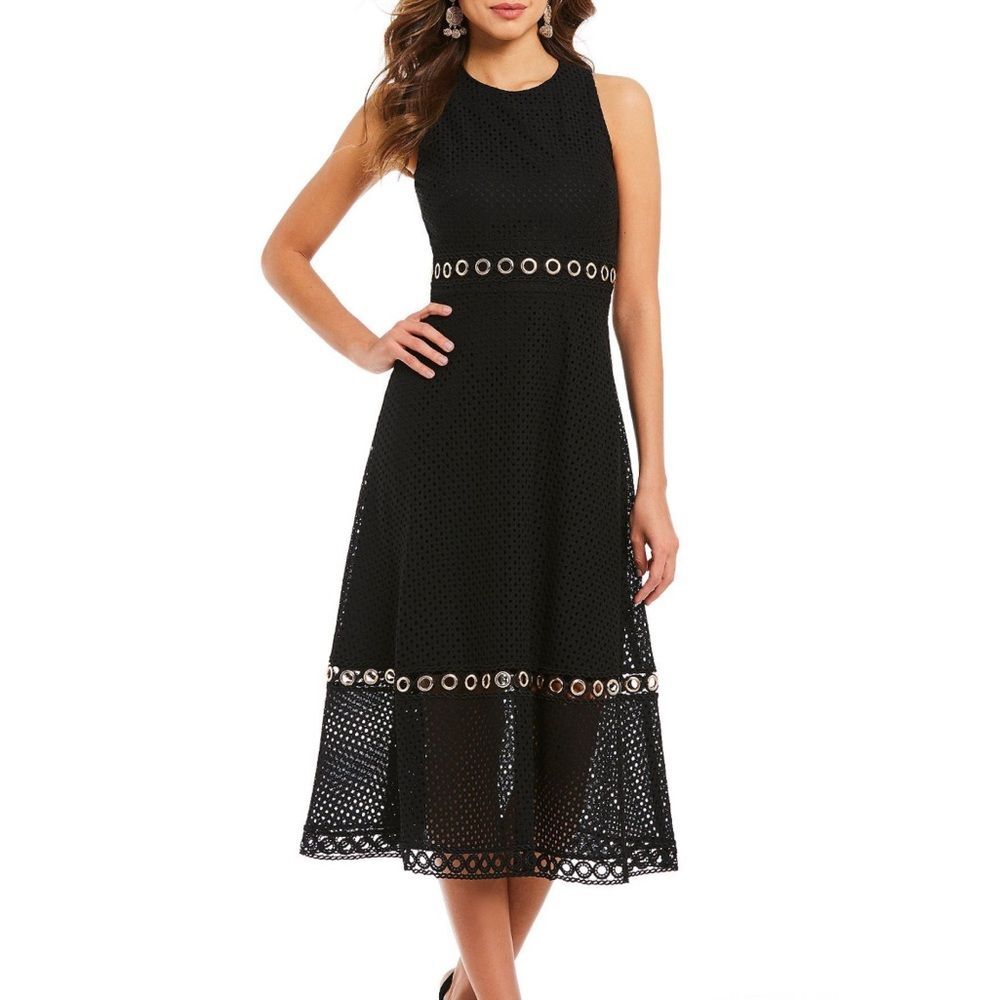Gianni Bini Black Eyelet Lace Midi Dress with Gold Details